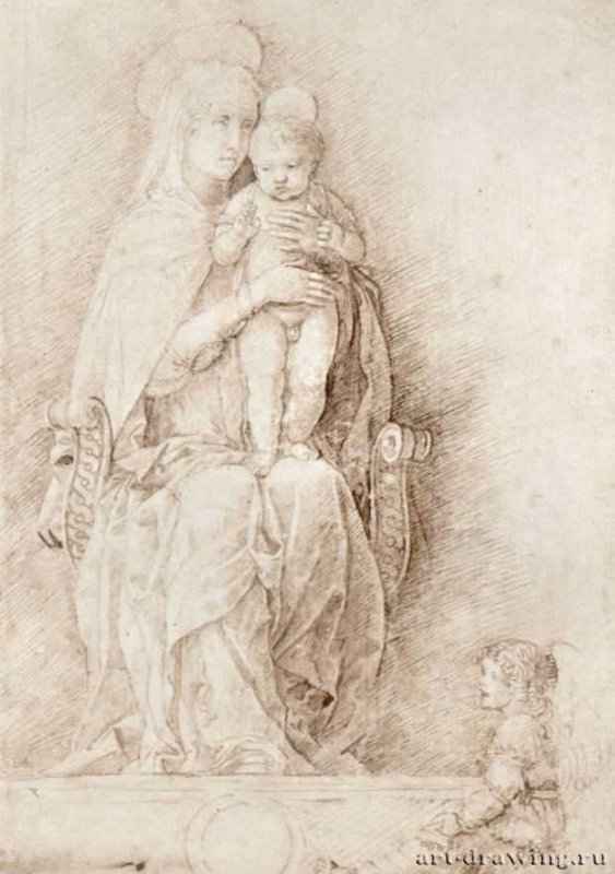 Мадонна с младенцем на троне и с ангелом у подножия. Вторая половина 15 века - 197 х 140 мм. Перо коричневым тоном, на бумаге. Лондон. Британский музей, Отдел гравюры и рисунка.