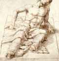 Мужчина, лежащий на каменной плите. 1490-1500 - 163 х 140 мм. Перо коричневым тоном, поверх наброска черным мелом, на бумаге. Лондон. Британский музей, Отдел гравюры и рисунка.