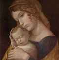Мария со спящим Иисусом. 1455 - 42 x 32 см. Холст, клеевая краска. Возрождение. Италия. Берлин. Картинная галерея.