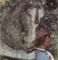 Цикл фресок в свадебном зале герцогского дворца в Мантуе. Конюхи, ожидающие приказаний. Фрагмент. Конь - 1474ФрескаВозрождениеИталияМантуя. Палаццо Дукале (Герцогский дворец)Заказчик - Лодовико Гонзага