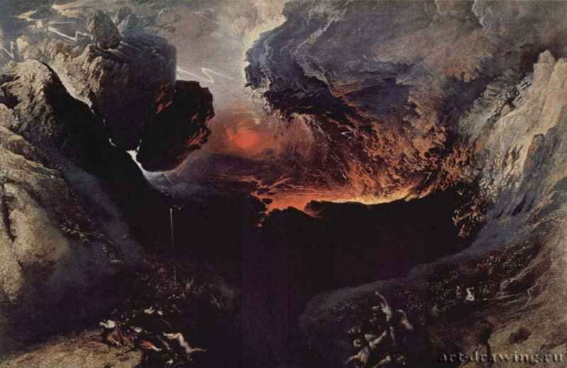 День гнева Божьего, 1853. - 196,5 x 303 см. Холст, масло. Романтизм. Великобритания. Лондон. Галерея Тейт. В грандиозном пейзаже под грозно потемневшим небом Мартин собрал все устрашающие драматические эффекты, какие был способен придумать, чтобы показать зловещую силу природы. Это не что иное, как конец света. Рушатся горы, бушует огонь, сверкают молнии, когда Господь обращает свой гнев на человечество. Крошечные обнаженные фигурки в центре, исполненные стыда и ужаса, погружаются в первобытную бездну, из которой они явились. Прозванный безумным Мартином, этот художник-визионер начал свою карьеру довольно неудачно, делая геральдические рисунки и расписывая эмали, однако вскоре буйное воображение увлекло его на путь создания величественных и мрачных живописных видений. Произведения Мартина прославили их автора в Англии и во всей Европе и оказали влияние на других художников, в частности Тернера. Под воздействием поэзии Джона Мильтона Мартин писал крупномасштабные библейские сцены с крошечными фигурами людей в окружении фантастической архитектуры под мрачным сводом небес. Паралич, последовавший в результате инсульта, положил внезапный конец его творчеству.