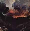 День гнева Божьего, 1853. - 196,5 x 303 см. Холст, масло. Романтизм. Великобритания. Лондон. Галерея Тейт. В грандиозном пейзаже под грозно потемневшим небом Мартин собрал все устрашающие драматические эффекты, какие был способен придумать, чтобы показать зловещую силу природы. Это не что иное, как конец света. Рушатся горы, бушует огонь, сверкают молнии, когда Господь обращает свой гнев на человечество. Крошечные обнаженные фигурки в центре, исполненные стыда и ужаса, погружаются в первобытную бездну, из которой они явились. Прозванный безумным Мартином, этот художник-визионер начал свою карьеру довольно неудачно, делая геральдические рисунки и расписывая эмали, однако вскоре буйное воображение увлекло его на путь создания величественных и мрачных живописных видений. Произведения Мартина прославили их автора в Англии и во всей Европе и оказали влияние на других художников, в частности Тернера. Под воздействием поэзии Джона Мильтона Мартин писал крупномасштабные библейские сцены с крошечными фигурами людей в окружении фантастической архитектуры под мрачным сводом небес. Паралич, последовавший в результате инсульта, положил внезапный конец его творчеству.