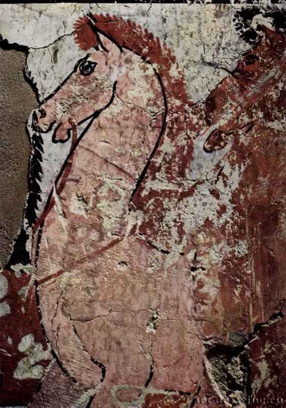Гробница Джену, писца войска Тутмоса IV. Кони. 1422-1411 до н.э. - Мастер гробницы Джену. 31 x 22 см. Настенная роспись. Египет. Фивы. Гробница Джену.