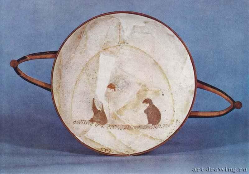 Главк и Полиид в склепе (чаша 07). 460-450 до н.э. - Мастер Сотада. Диаметр 13 см, высота 8 см. Керамика. Античность. Греция. Лондон. Британский музей.