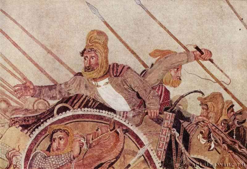 Битва Александра с Дарием. Дарий III Вторая половина 2 века до н.э. - Мастер битвы Александра. Мозаика. Античность. Италия. Неаполь. Национальная галерея Каподимонте. Древнеримская роспись, первоначально в "Доме фавна" в Помпеях.
