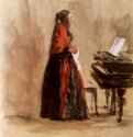 Поющая дама у рояля, 1840 г. - Карандаш, акварель, на коричневой бумаге; 89 x 152 мм. Берлин. Гравюрный кабинет. Германия.