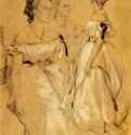 Три этюда нарядной женщины, 1866 г. - Карандаш, подсветка белым, акварель, на бумаге; 293 x 227 мм. Берлин. Гравюрный кабинет. Германия.