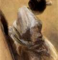 Сидящая дама с театральным биноклем, 1849 г. - Пастель на желто-коричневой бумаге; 282 x 194 мм. Гравюрный кабинет. Берлин. Германия.