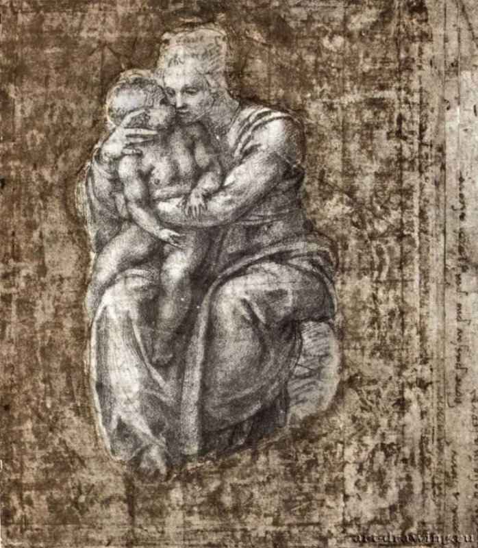 Мадонна с младенцем. 1503-1504 - 225 х 194 мм. Черный мел по рисунку сангиной, остатки бронзовой краски, на бумаге. Виндзорский замок. Королевская библиотека.