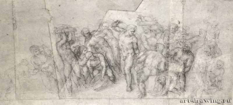 Христос изгоняет торгующих из храма. После 1550 - 178 х 372 мм. Черный мел на бумаге. Лондон. Британский музей, Отдел гравюры и рисунка.