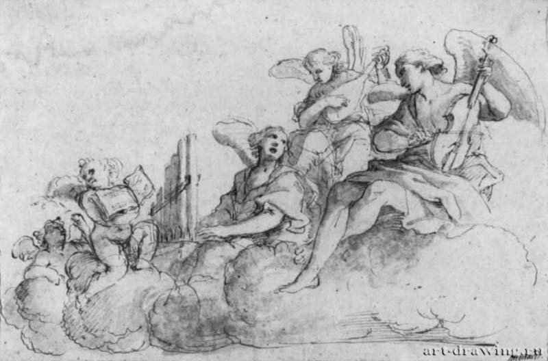Ангельский концерт в облаках. 1650 - 227 x 349 мм. Перо коричневым тоном, отмывка, на бумаге. Франкфурт. Художественный институт Штеделя, Гравюрный кабинет. Франция.