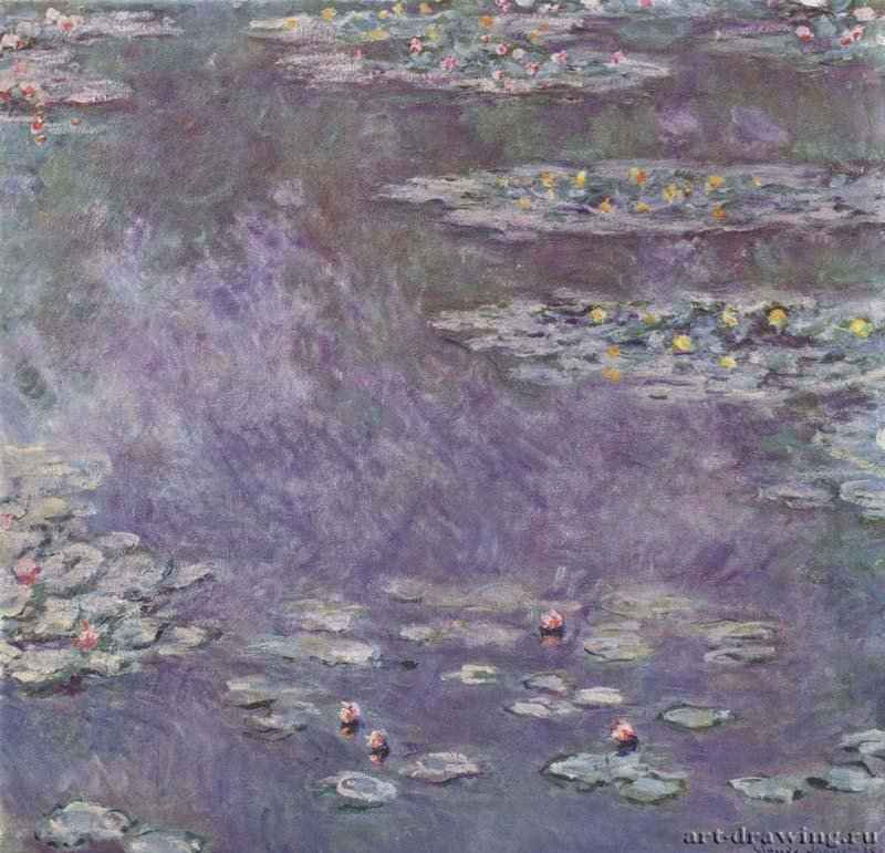 Пруд с ненюфарами (водяными лилиями), 1908. - 90 x 92 см. Холст, масло. Импрессионизм. Франция. Санкт-Галлен (Швейцария). Частное собрание. Мерцающий сложными оттенками и отражениями пейзаж полон воздуха и насыщен светом. Моне добивается такого эффекта, накладывая на холст раздельные разноцветные мазки, которые, сливаясь в роскошный туман, окрашенный в синие, красные, зеленые оттенки, сверкают, как блики солнца на поверхности воды. Когда Моне устроил в своем доме в Оверни сад на воде, он сразу оценил его выразительные возможности для живописи, снова и снова возвращаясь к его мотивам. Темой первой серии картин, посвященной саду и написанной летом 1899 и 1900 голой, стала разнообразная игра света на поверхности пруда с водяными лилиями. Моне был одним из ведущих художников-импрессионистов, однако его эксперименты с живописной фактурой, цветом и светом служили также отправной точкой для развития абстрактного искусства. Современник художника Сезанн так говорил о нем: "Моне - это только глаз, но, Боже мой, какой глаз!".