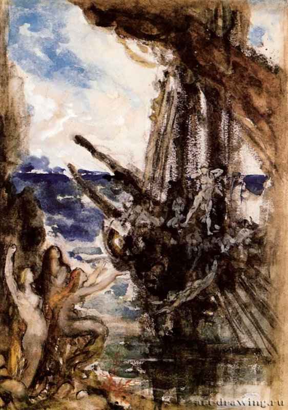 Одиссей и сирены, 1875 г. - Акварель; 42 x 30 см. Париж. Музей Гюстава Моро. Франция.