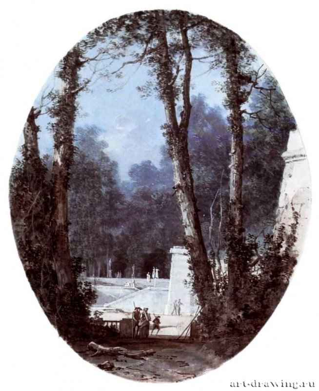 Парковый пейзаж с высокими деревьями и каменной площадкой, 1780 г. - Акварель и гуашь на бумаге; 254 x 206 мм (овал). Франкфурт-на-Майне. Художественный институт Штеделя, Гравюрный кабинет. Франция.