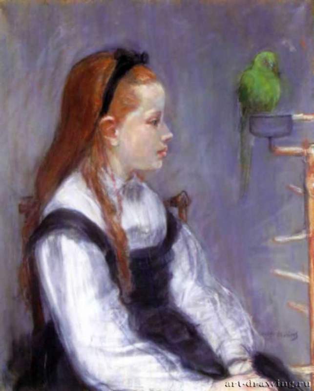 Портрет мадемуазель М. Т. (Девушка с попугаем), 1873 г. - Пастель, бумага; 60 x 49,5 см. Частное собрание. Нью-Йорк. Франция.