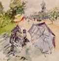 Леди с пляжным зонтиком, сидящая в парке, 1885 г. - Бумага, акварель. Нью-Йорк. Метрополитен. Франция.