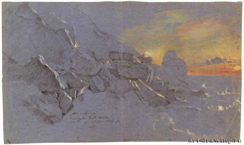 Скальные уступы ниже Портовенере под Генуей. 1828 - 288 x 480 мм. Кисть гуашью, черный и цветной мел, на голубой бумаге. Бремен. Кунстхалле, Гравюрный кабинет.