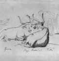 Буйволы на Пьяцца Барберини в Риме. 1830 - 1837 - 130 x 209 мм. Карандаш и кисть тушью на желтовато-коричневатой бумаге. Бремен. Кунстхалле, Гравюрный кабинет.