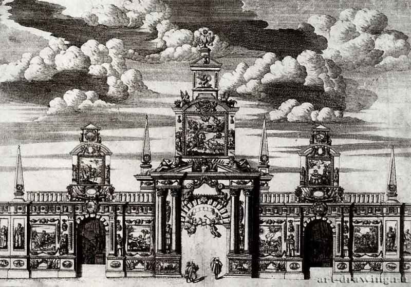 Триумфальная арка, сооруженная в Москве в честь победы Петра Великого над турками при Азове 1710.
