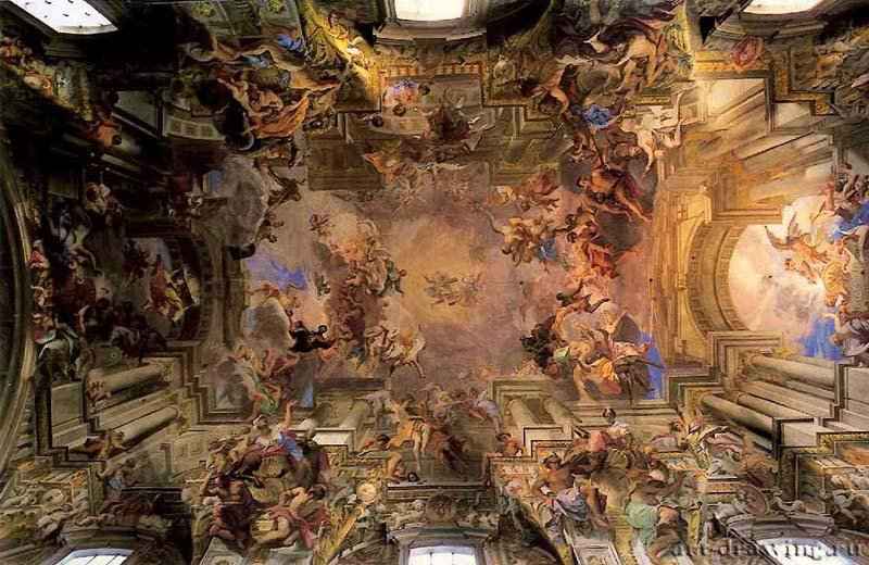 Аллегория миссионерской работы иезуитов. Роспись плафона. 1691-1694 - Рим Церковь Сант Иньяцио Италия
Монументальная роспись потолочного свода над нефом "Аллегория миссионерской работы иезуитов" передает слова Христа "Огонь пришел Я низвесть на землю, и как желал бы, чтобы он уже возгорелся!" (Лука 12, 49). В центральной части находится Святая Троица, луч света от нее направлен на св. Игнатия, которого возносят на облаке ангелы.