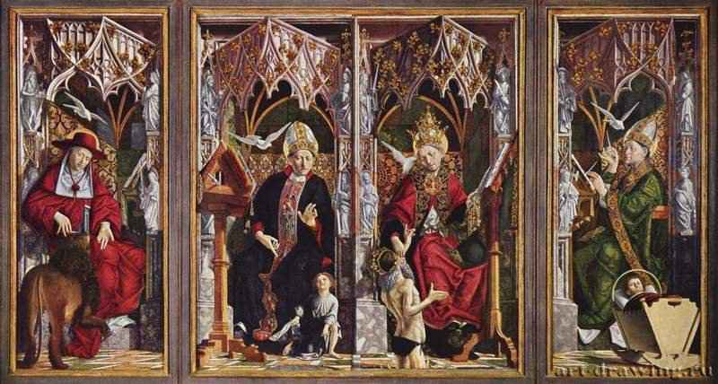 Пахер Михаэль: Алтарь отцов церкви, общий вид. 1471-1475 -  103 x 91 см Дерево Высокая готика Германия Мюнхен. Старая пинакотека