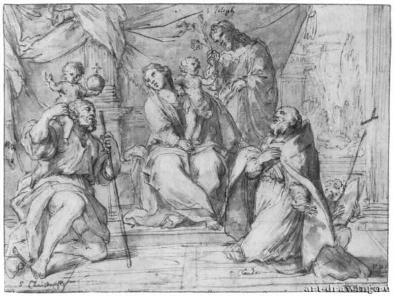 Мадонна со святыми Христофором, Иосифом и Клавдием. 1630-1650 - 222 x 160 мм. Перо и кисть коричневым тоном, подсветка белым, на голубойбумаге. Франкфурт. Художественный институт Штеделя, Гравюрный кабинет. Франция.