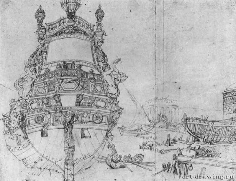 Корабль в гавани. Вторая половина 17 века - 400 х 530 мм. Перо коричневым тоном, на бумаге. Париж. Школа изящных искусств, личные коллекции. Франция.