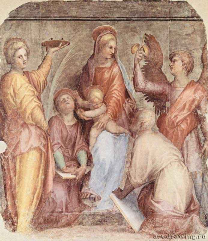 Мария с младенцем Иисусом и святыми. 1514 - 223 x 196 смФреска, переведенная на холстМаньеризмИталияФлоренция. Церковь Санта АннунциатаТосканская школа, первоначально в Сан Рафаэлло во Флоренции (в 1823 демонтирована)