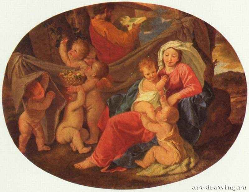 Святое семейство с ангелами. 1625-1630 * - 57 x 74 смХолст, маслоБарокко, классицизмФранция и ИталияБудапешт. Венгерский музей изобразительных искусств