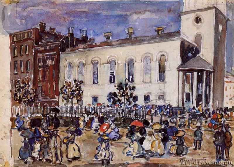 Церковь на Парк Стрит, Бостон, 1905 - 1907 г. - Акварель, карандаш, бумага. Частное собрание. Канада.