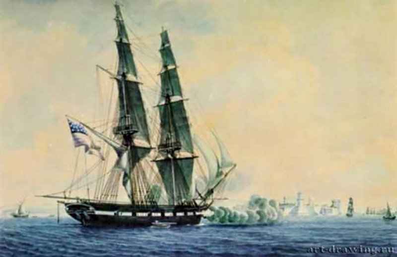 Бриг "Гранд Турк" салютует Марселю, 1815 г. - Акварель; 44,45 x 61,59 см. Салем (Массачусеттс). Музей Пибоди Эссекс. Франция.