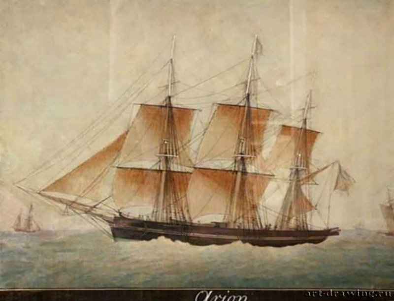 Английский корабль "Арион" 1828 г. - Акварель, белила; 43 x 57 см. Частное собрание. Франция.