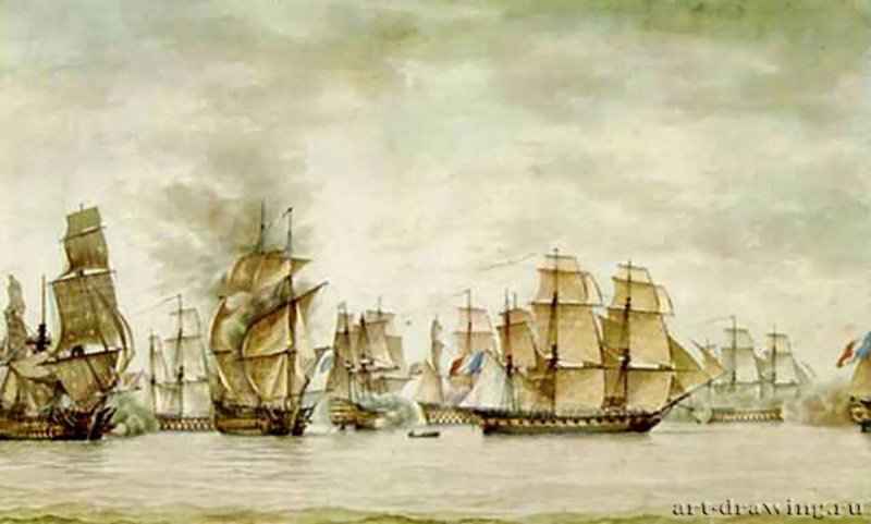 Английская и фрацузская флотилии входят в бухту Альхесирас. - Акварель; 44,45 x 73,66 см. Салем (Массачусеттс). Музей Пибоди Эссекс. Франция.