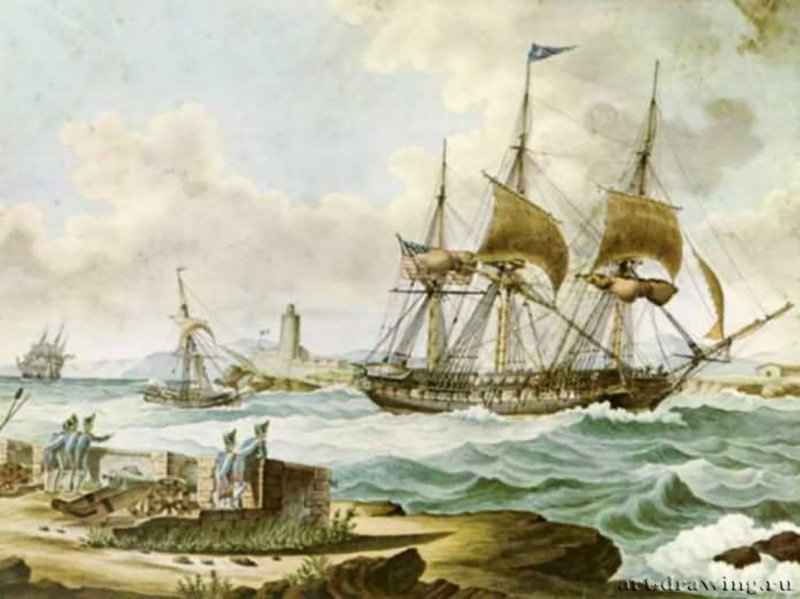 Американский фрегат входит во французский порт, 1805 г. - Акварель; 45,72 x 60,96 см. Салем (Массачусеттс). Музей Пибоди Эссекс. Франция.