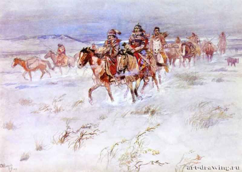 Индейцы кри едут торговать, 1896 г. - Акварель; 50,17 x 71,76 см. Частное собрание. США.