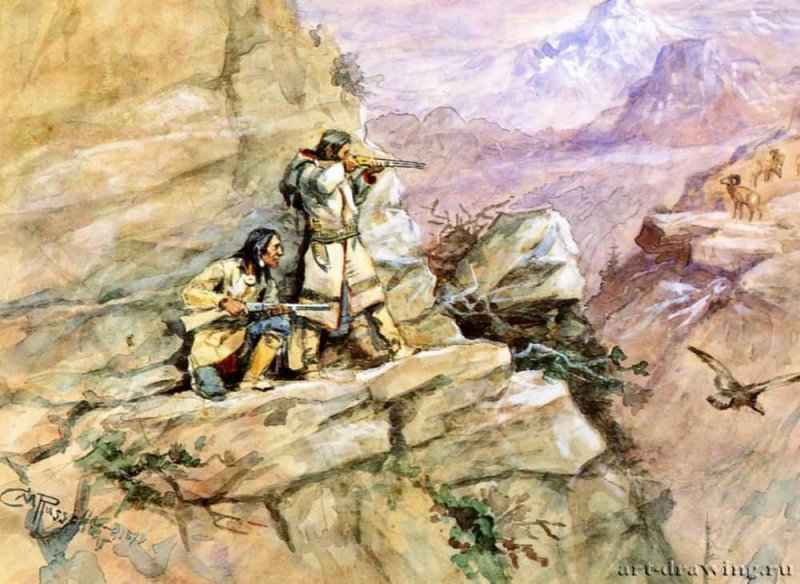 Охота на горного барана, 1898 г. - Акварель; 29,21 x 38,1 см. Частное собрание. США.