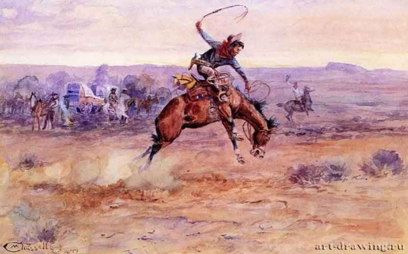 Необъезженный Бронко, 1899 г. - Акварель; 35,56 x 55,88 см. Частное собрание. США.