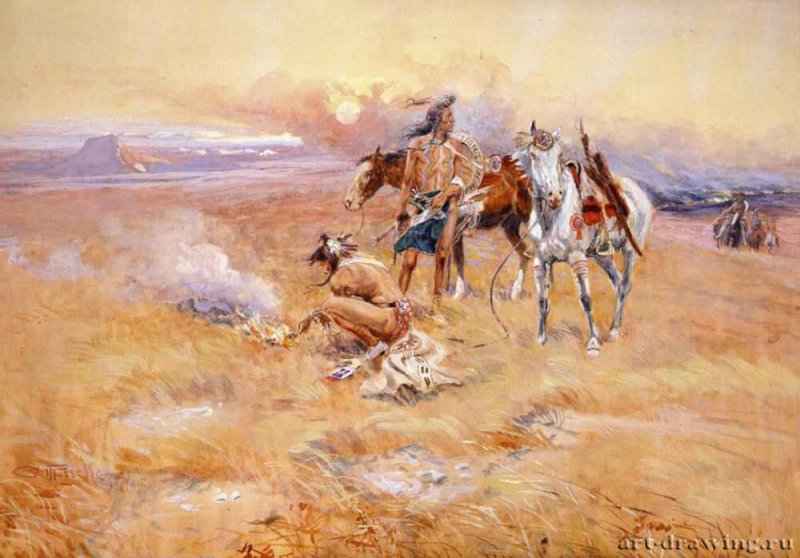 Черноногие разжигают костёр у горной цепи Буффало, 1905 г. - Акварель; 62,23 x 78,74 см. Исторический центр Буффало Билла. США.