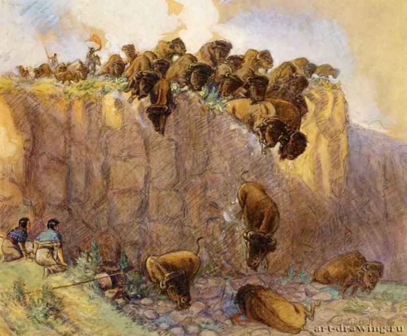 Загоняя бизонов в ловушку, 1914 г. - Акварель; 38,74 x 46,36 см. Частное собрание. США.