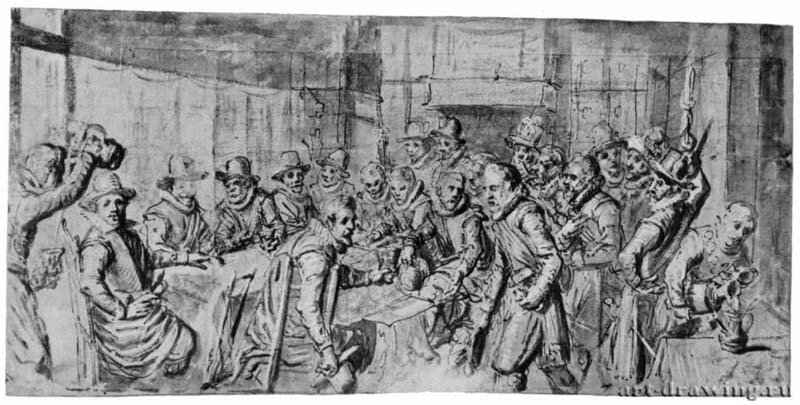 Портрет стрелков роты святого Себастьяна в Гааге. 1618 - 248 х 517 мм Перо коричневым тоном, отмывка, подсветка белым, на серой бумаге Париж Нидерландский институт, основное хранение, Собрание Ф.Люхта Голландия