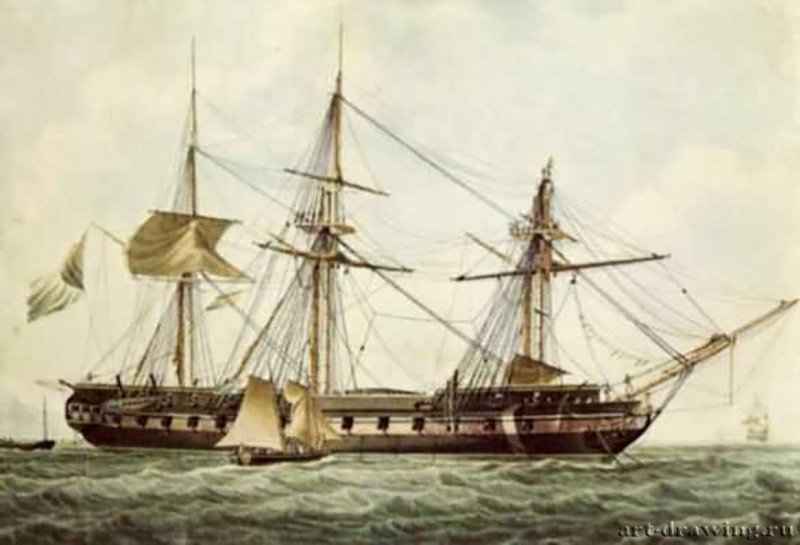 Британский фрегат "Прозерпина", 1822 г. - Акварель; 61,9 x 89 см. Салем (Массачусеттс). Музей Пибоди Эссекс. Франция.