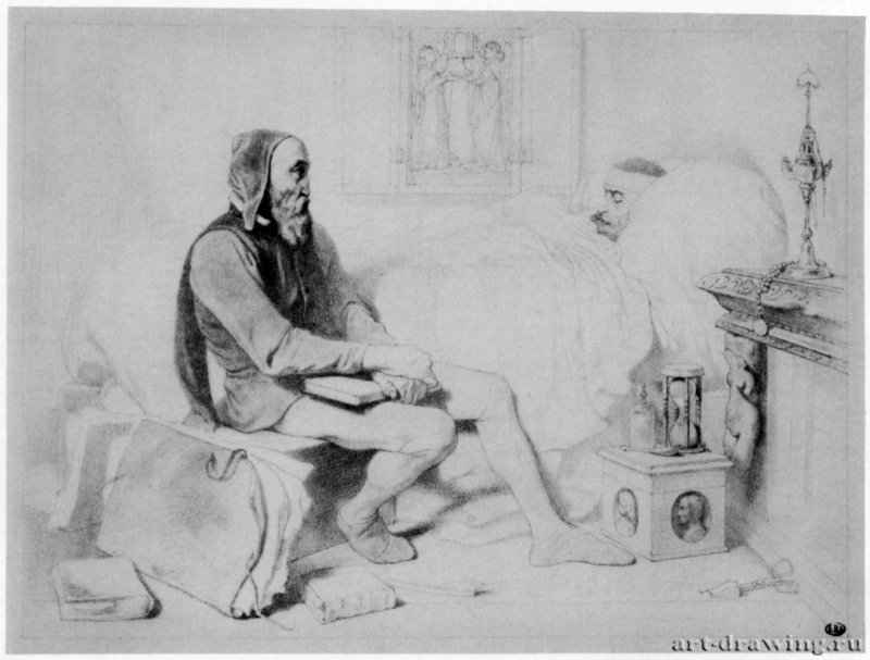 Состарившийся Микеланджело у постели своего больного помощника. 1841 - 230 х 273 мм. Карандаш и сангина на бумаге. Париж. Школа изящных искусств, личные коллекции.