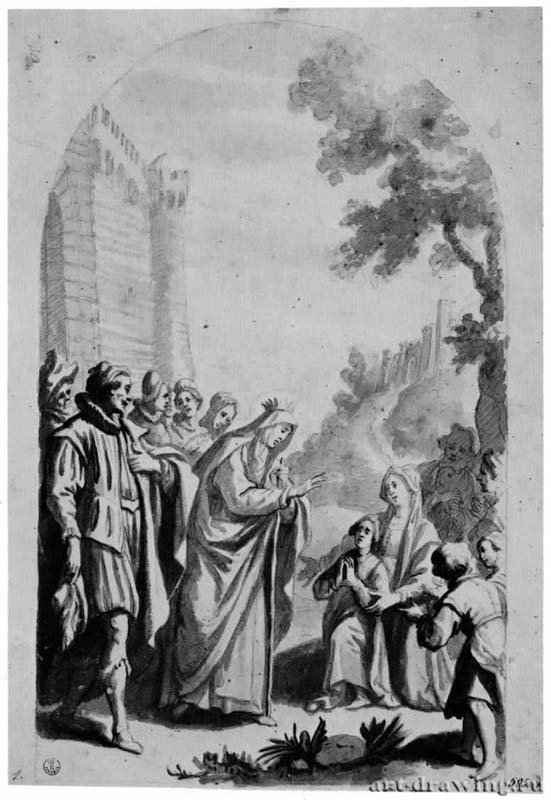 Святая Елизавета Португальская благославляет ребенка. 1625 - 405 х 278 мм Кисть коричневым тоном поверх наброска черным мелом, на белой бумаге Флоренция Уффици, Кабинет рисунков и гравюр Италия.