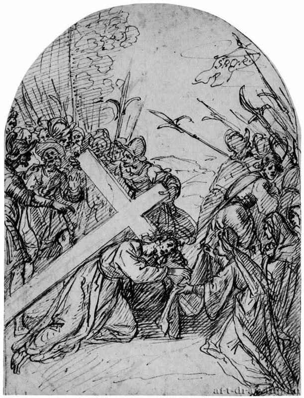 Несущий крест Христос встречает на пути святую Веронику. 1650 - 238 х 178 мм Перо коричневым тоном поверх наброска черным мелом, на белой бумаге. Веймар. Музей замка, Собрание графики. Италия.