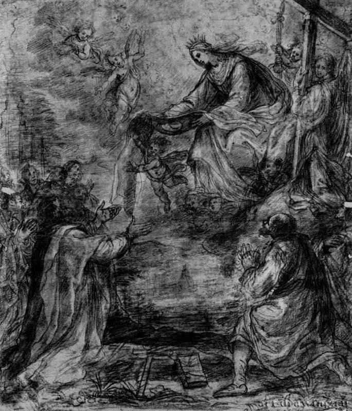 Мадонна награждает семерых основателей ордена черной одеждой. Первая половина 17 века - 471 х 396 мм. Черный и белый мел, на белой бумаге. Мюнхен. Государственное Собрание графики. Италия.