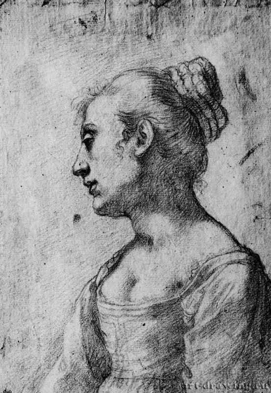 Портрет женщины. Первая половина 17 века - 277 х 201 мм. Сангина на белой бумаге. Париж. Лувр, Кабинет рисунков. Италия.