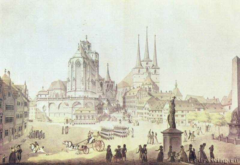 Собор и церковь св. Северина в Эрфурте. Фрагмент. 1813 - Акварель. Романское искусство. Франция. Эрфурт. Музей Ангера.