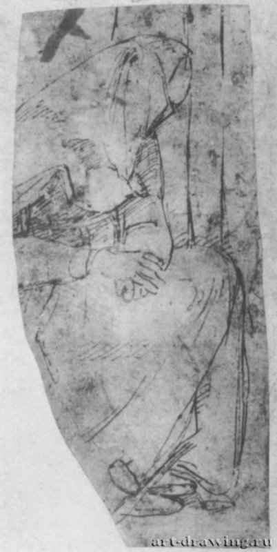 Фигура женщины, закутанной в покрывало. 1508 - 170 х 77 мм. Перо на грунтованной сангиной бумаге. Байонна. Музей Бонна, Кабинет рисунков.