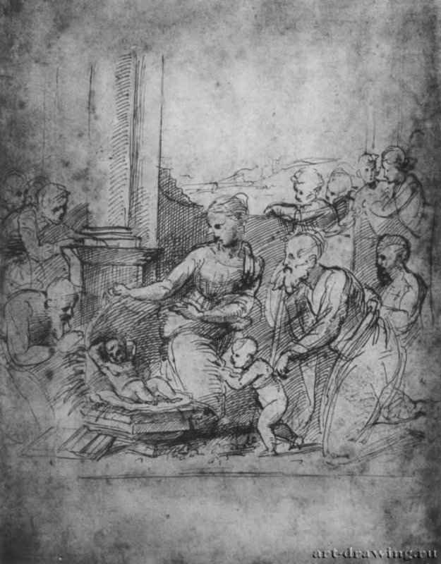 Поклонение младенцу с Папой Юлием II. 1512 - Рафаэль Санти. 405 х 266 мм. Перо на бумаге. Оксфорд. Музей Эшмолеан, Отдел гравюры и рисунка.