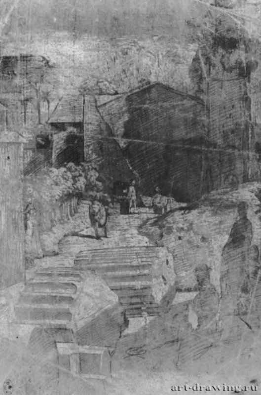 Вид на римский Форум. 1512 - Рафаэль Санти. 210 х 141 мм. Серебряный штифт, подсветка белым, на грунтованной серо-коричневым тоном бумаге. Виндзорский замок. Королевская библиотека.